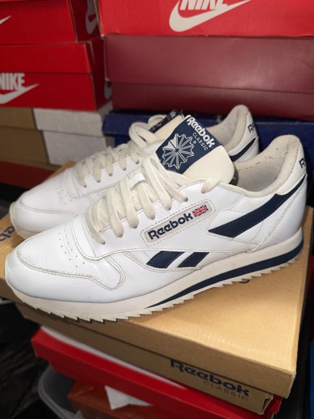 Reebok White and Navy Classic Leather Sneakers